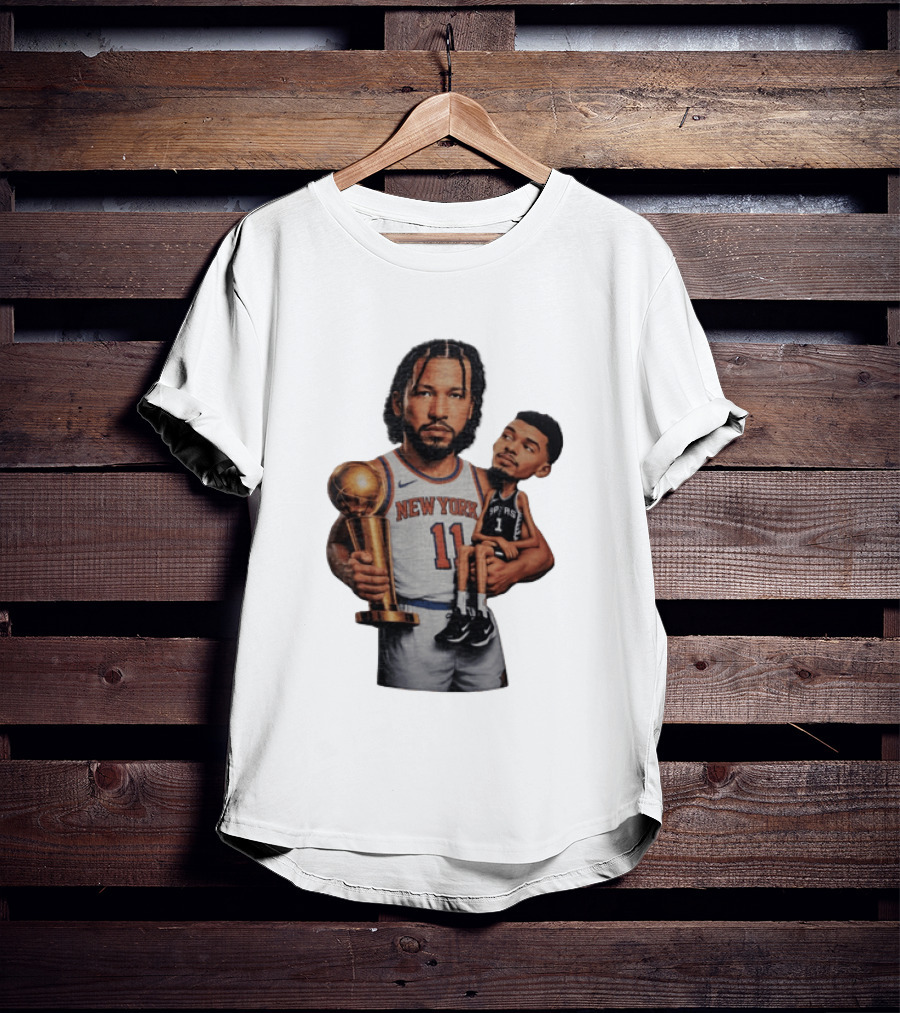 New York Knicks Jalen Brunson Embraces San Antonio Spurs Victor Wembanyama NBA Trophy T-Shirt