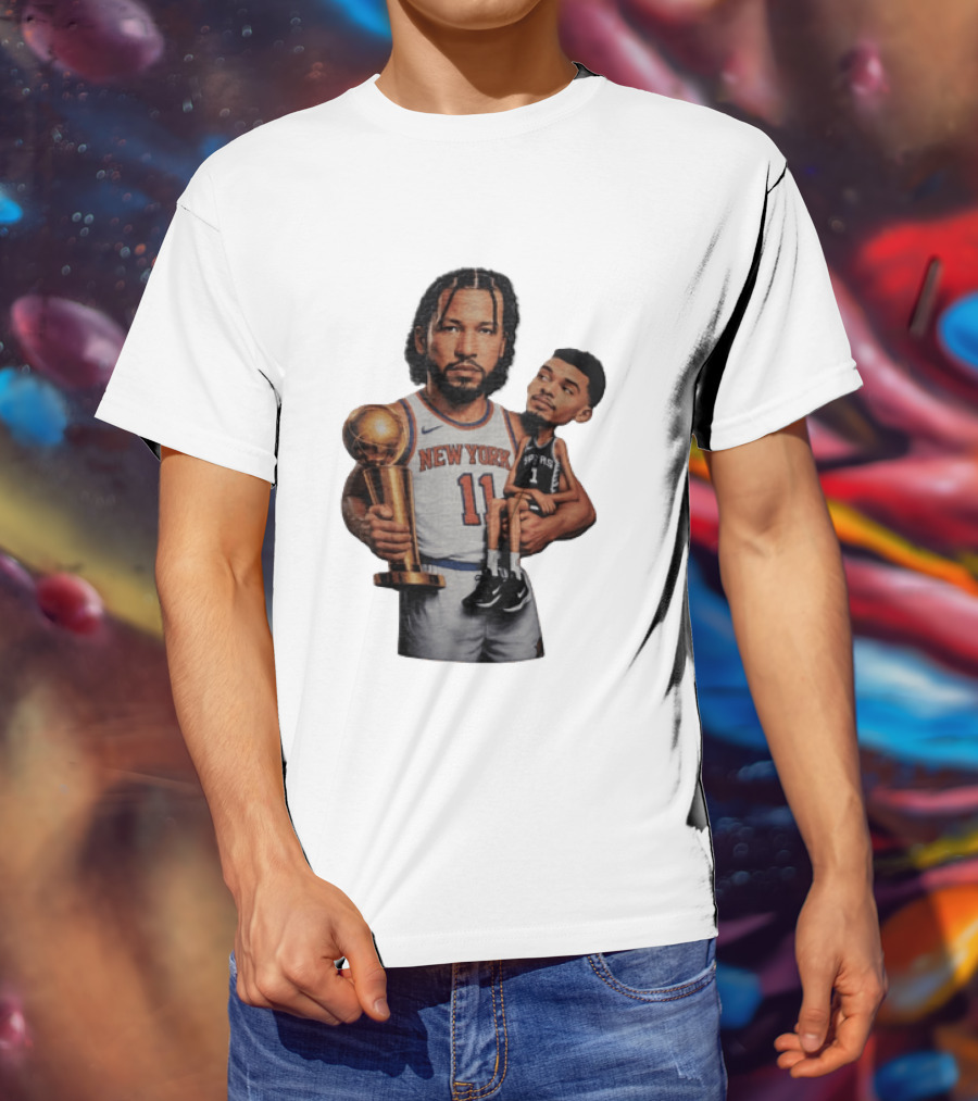 New York Knicks Jalen Brunson Embraces San Antonio Spurs Victor Wembanyama NBA Trophy T-Shirt