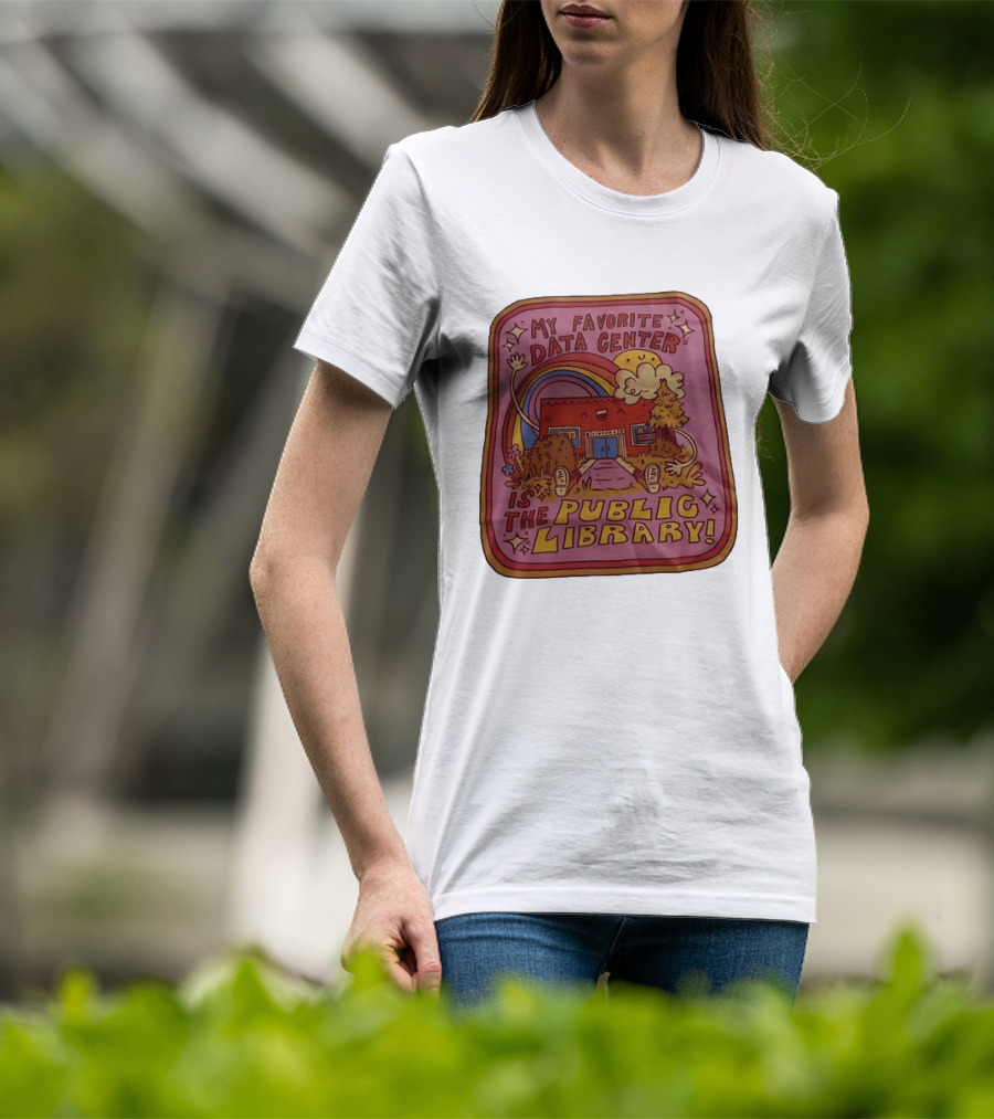 My Favorite Data Center Is The Public Library Rainbow Cartoon Library Scene T-Shirt