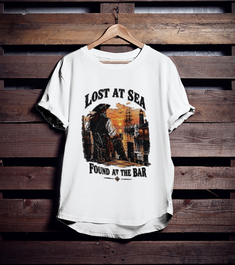 Lost At Sea Found At The Bar Pirate Sunset Tavern Lighthouse Nautical Adventure T-Shirt