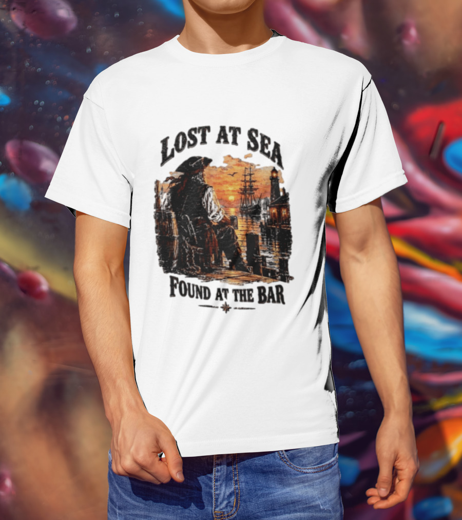 Lost At Sea Found At The Bar Pirate Sunset Tavern Lighthouse Nautical Adventure T-Shirt