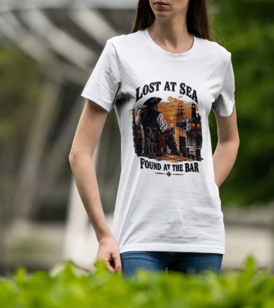Lost At Sea Found At The Bar Pirate Sunset Tavern Lighthouse Nautical Adventure T-Shirt