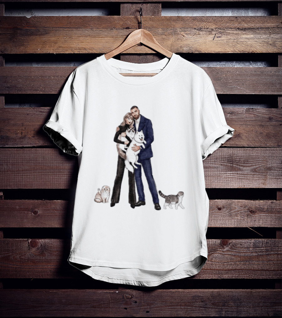 Kansas City Chiefs Couple Taylor Travis Kelce With Cats And Dog T-Shirt