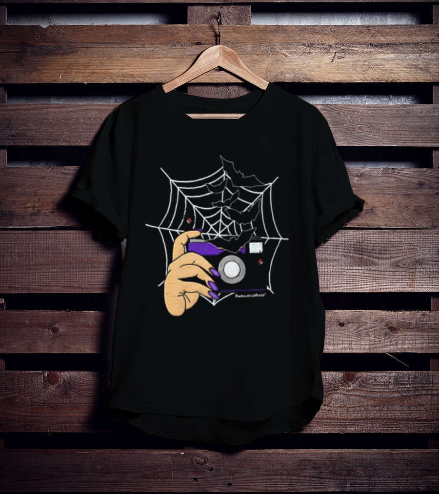 AmberNicoPhoto Camera With Bats And Spider Web Halloween T-Shirt