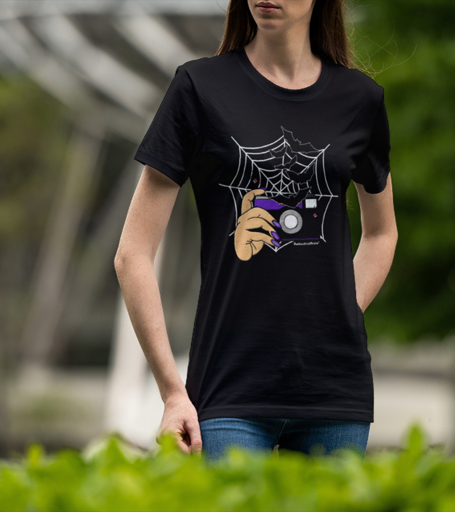 AmberNicoPhoto Camera With Bats And Spider Web Halloween T-Shirt
