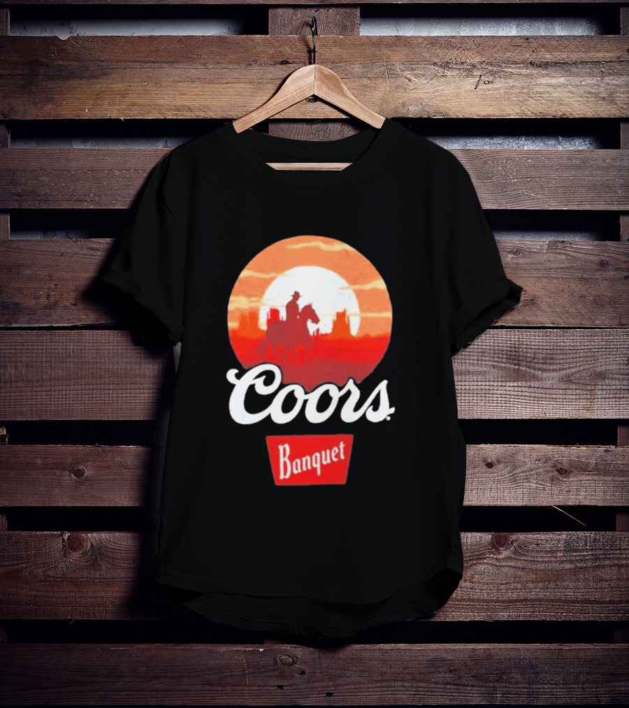 Coors Banquet Cowboy Horseback Riding At Sunset Western Scene T-Shirt