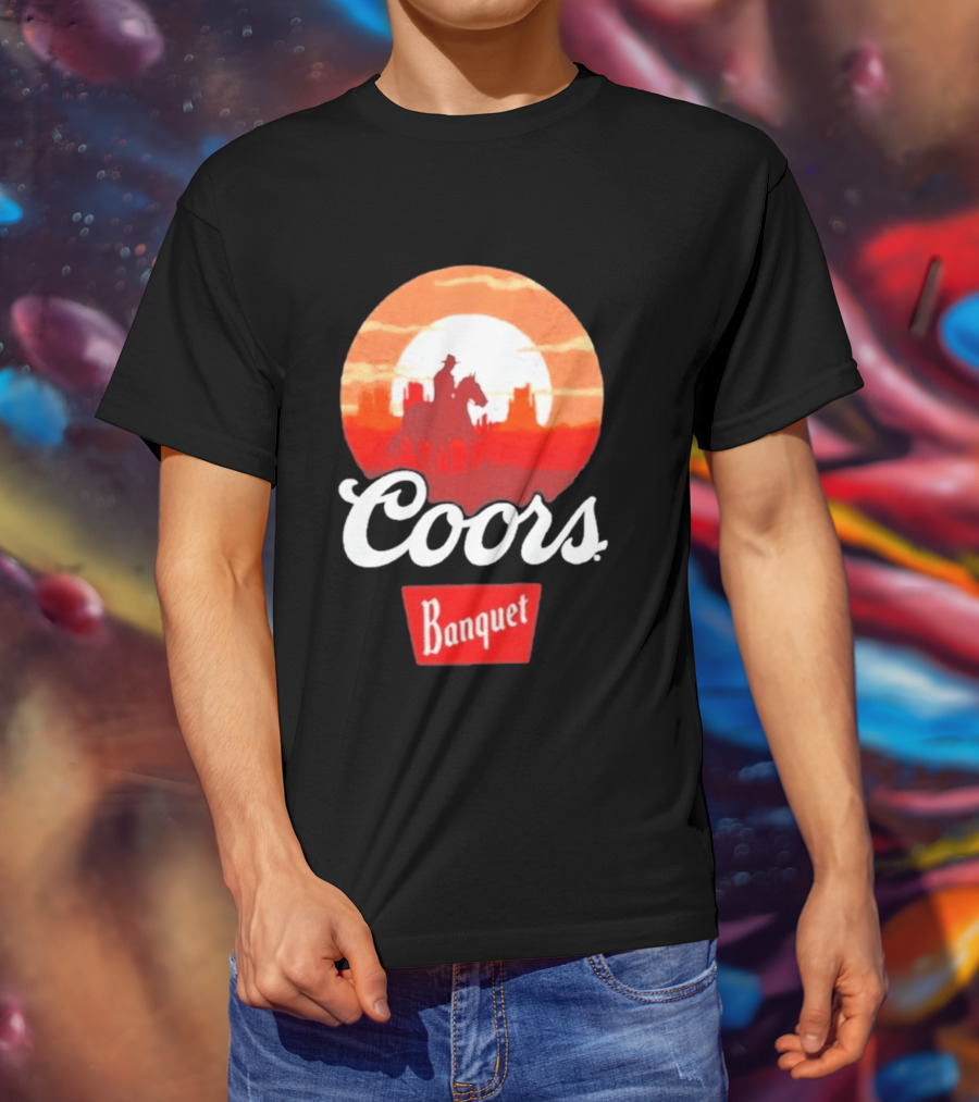 Coors Banquet Cowboy Horseback Riding At Sunset Western Scene T-Shirt