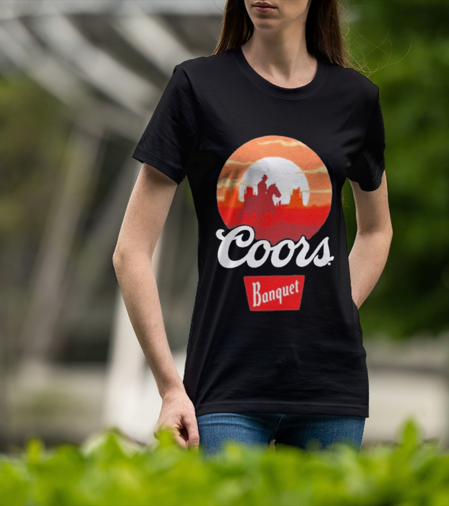 Coors Banquet Cowboy Horseback Riding At Sunset Western Scene T-Shirt