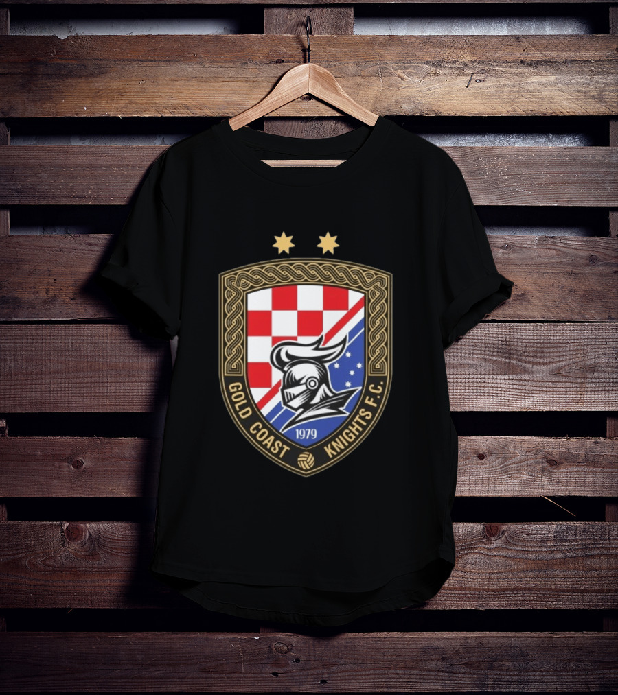 Gold Coast Knights F.C. 1979 Crest With Chessboard Pattern And Knight Helmet T-Shirt