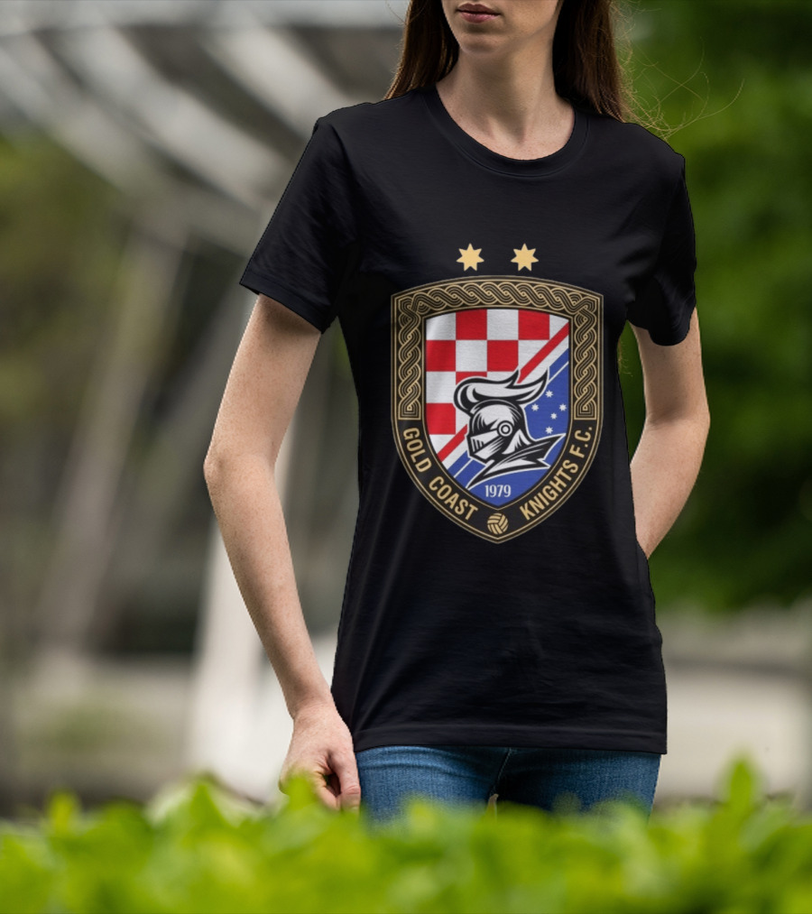 Gold Coast Knights F.C. 1979 Crest With Chessboard Pattern And Knight Helmet T-Shirt