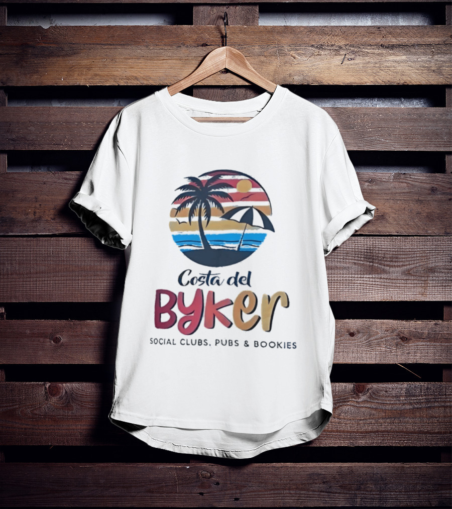 Costa Del Byker Social Clubs Pubs Bookies Palm Tree Sunset Beach Umbrella T-Shirt