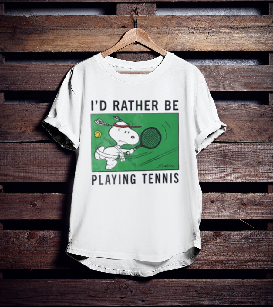 I'd Rather Be Playing Tennis Peanuts Snoopy Racquet Cartoon Green Court Schulz T-Shirt