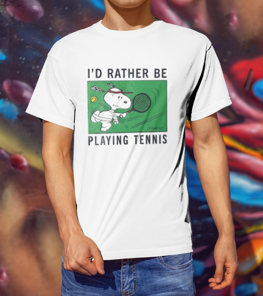 I'd Rather Be Playing Tennis Peanuts Snoopy Racquet Cartoon Green Court Schulz T-Shirt