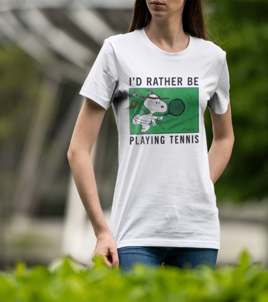 I'd Rather Be Playing Tennis Peanuts Snoopy Racquet Cartoon Green Court Schulz T-Shirt