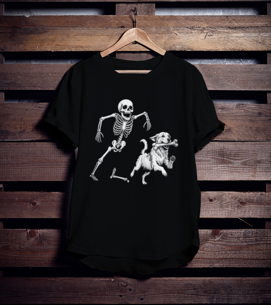 Skeleton Chasing Golden Retriever With Leg Bone T-Shirt
