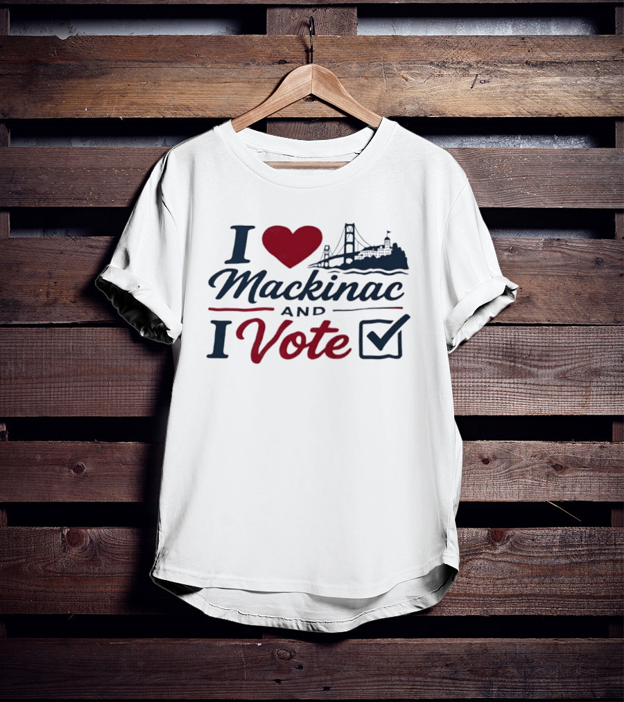 I Love Mackinac I Vote Michigan With Bridge And Checkmark T-Shirt