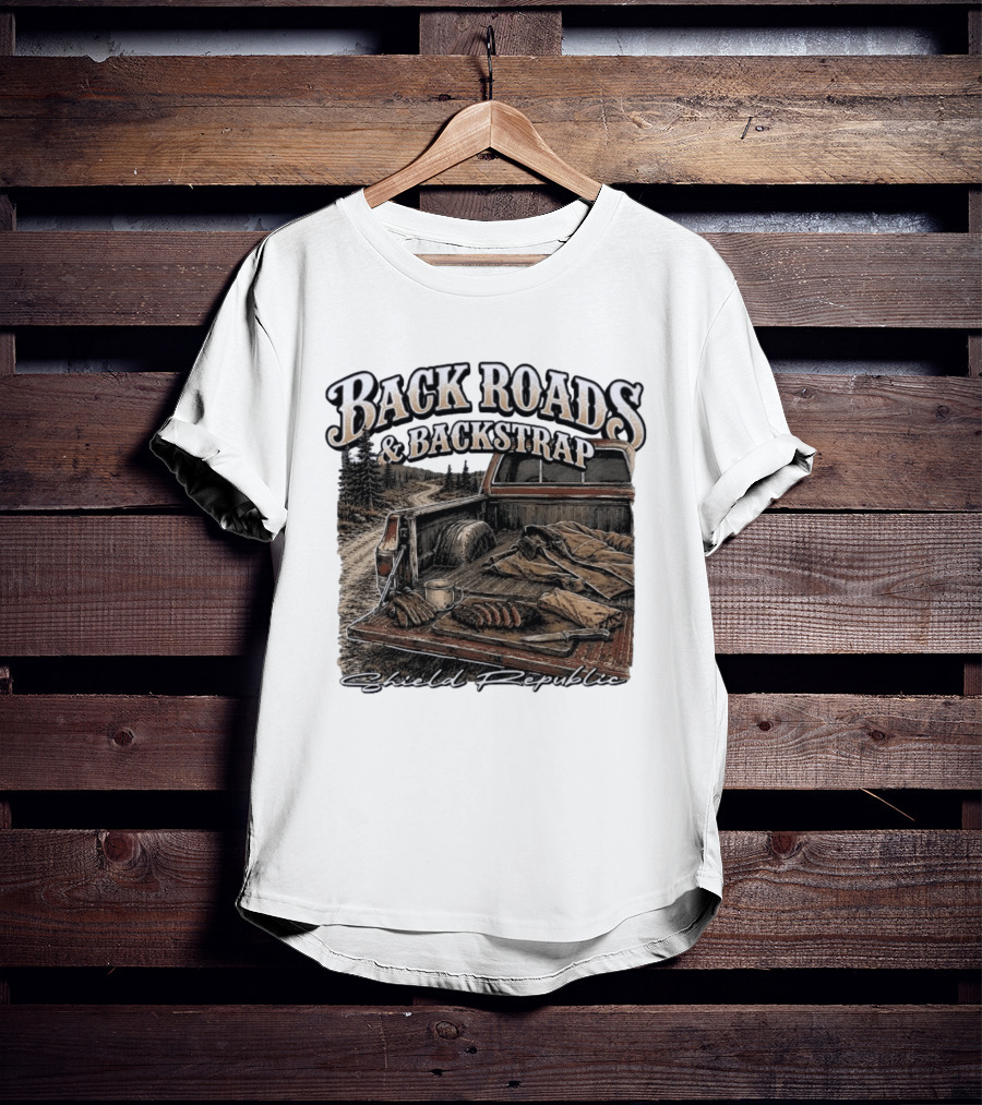 Back Roads & Backstrap Shield Republic Hunting Truck Scene T-Shirt