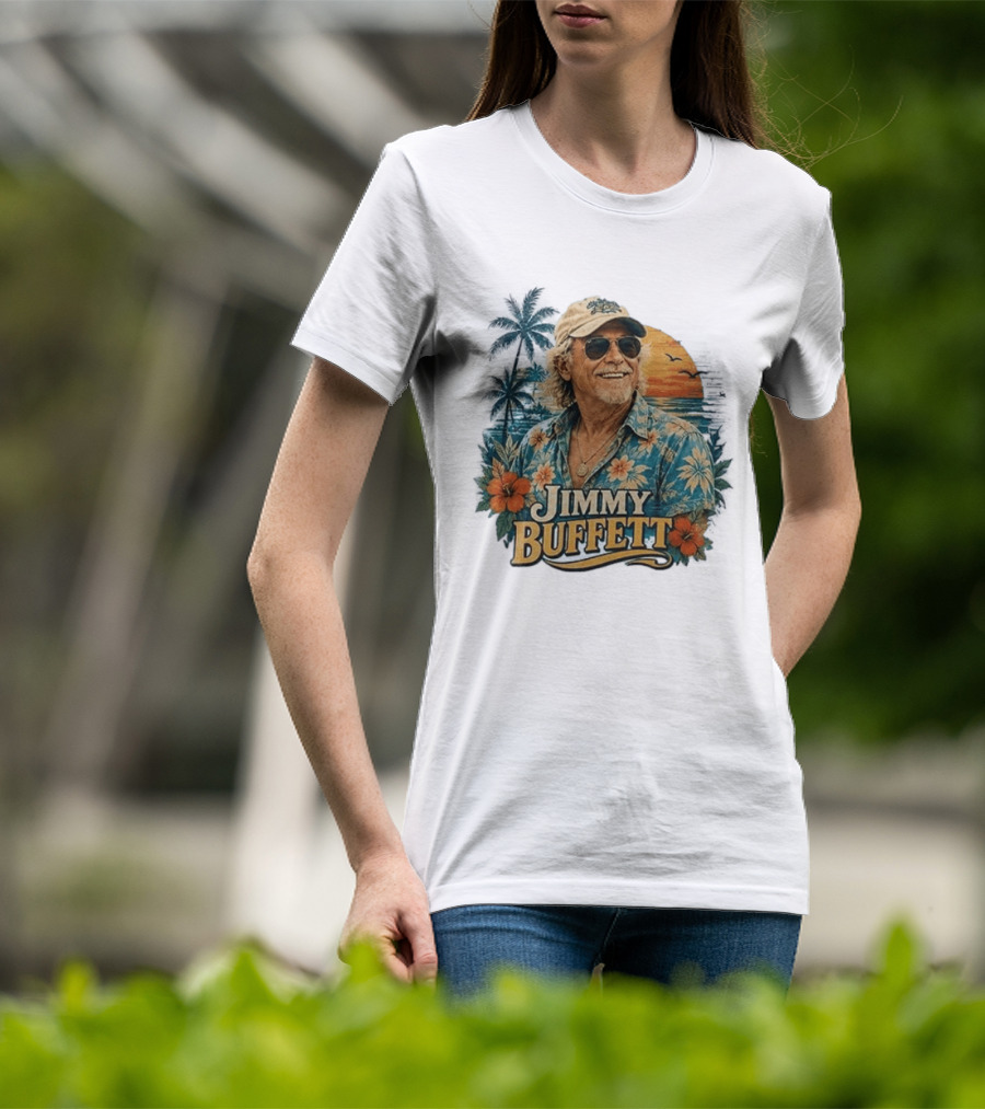 Jimmy Buffett Tropical Vibes Sunset And Palm Trees Floral T-Shirt