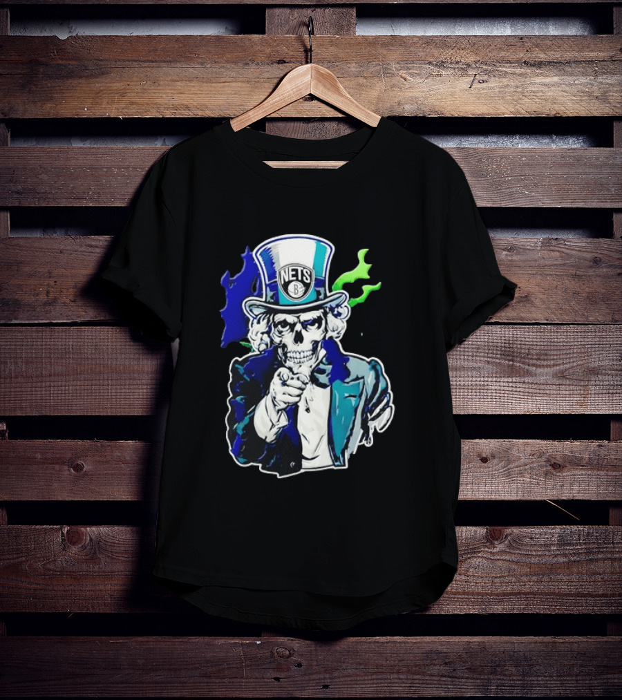 Brooklyn Nets Skeleton Uncle Sam Top Hat Pointing Stripes T-Shirt