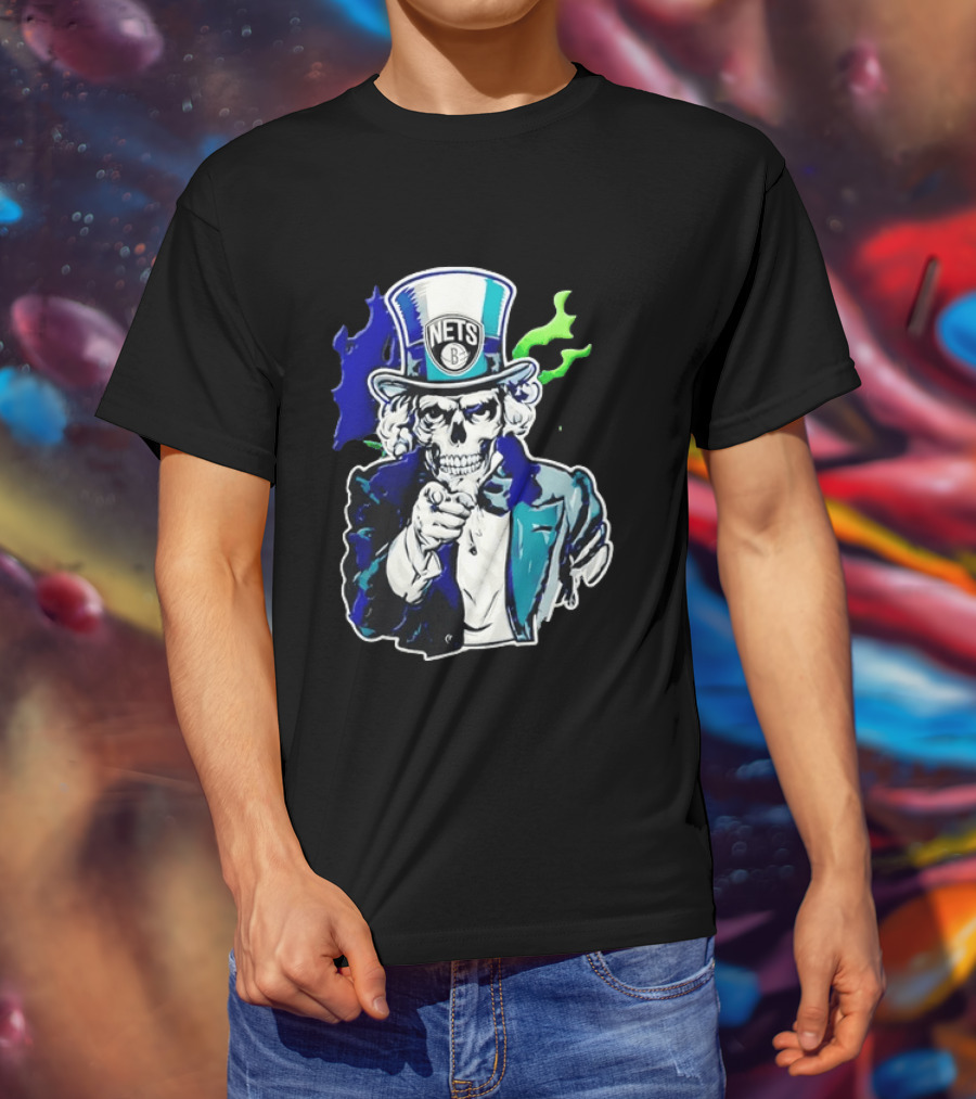Brooklyn Nets Skeleton Uncle Sam Top Hat Pointing Stripes T-Shirt