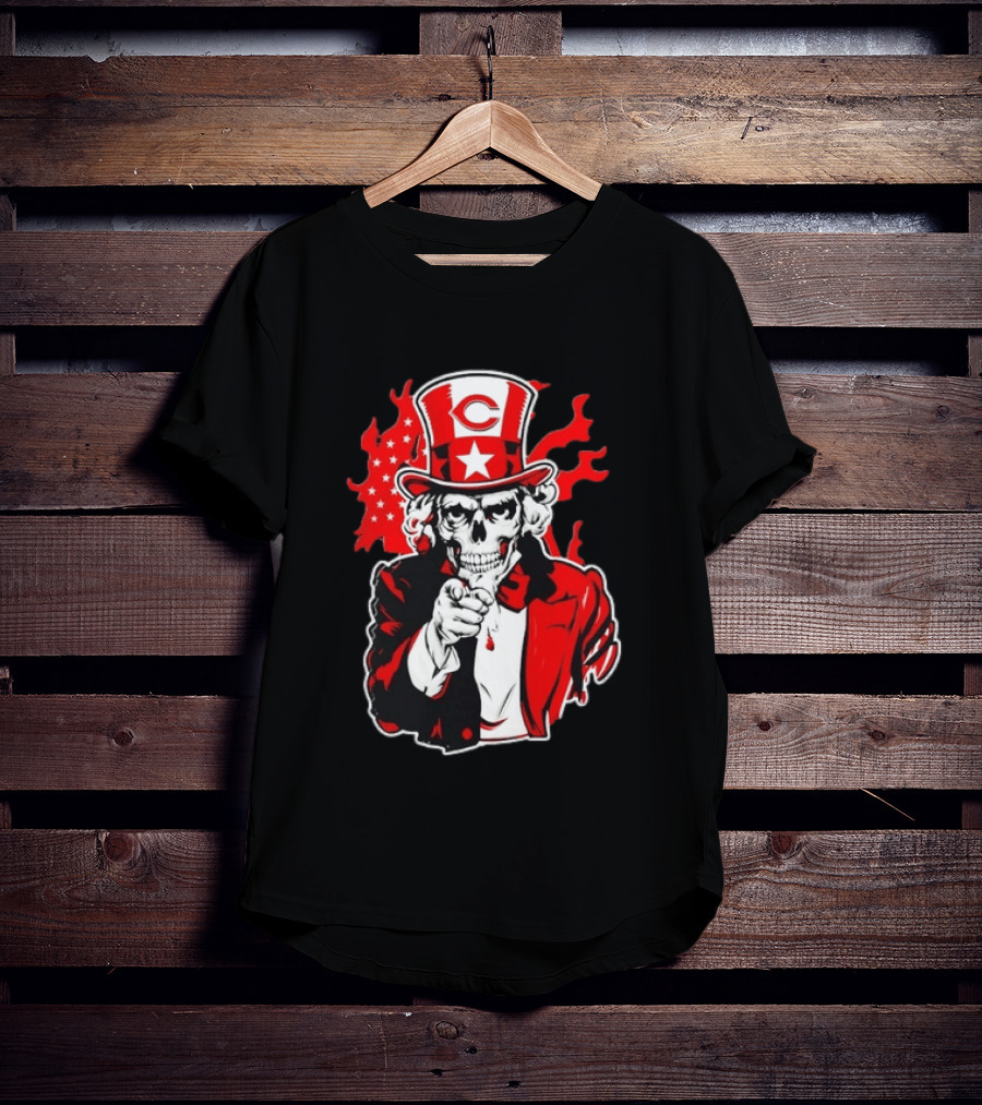 Cincinnati Reds Skeleton Uncle Sam Pointing US Flag Flames T-Shirt
