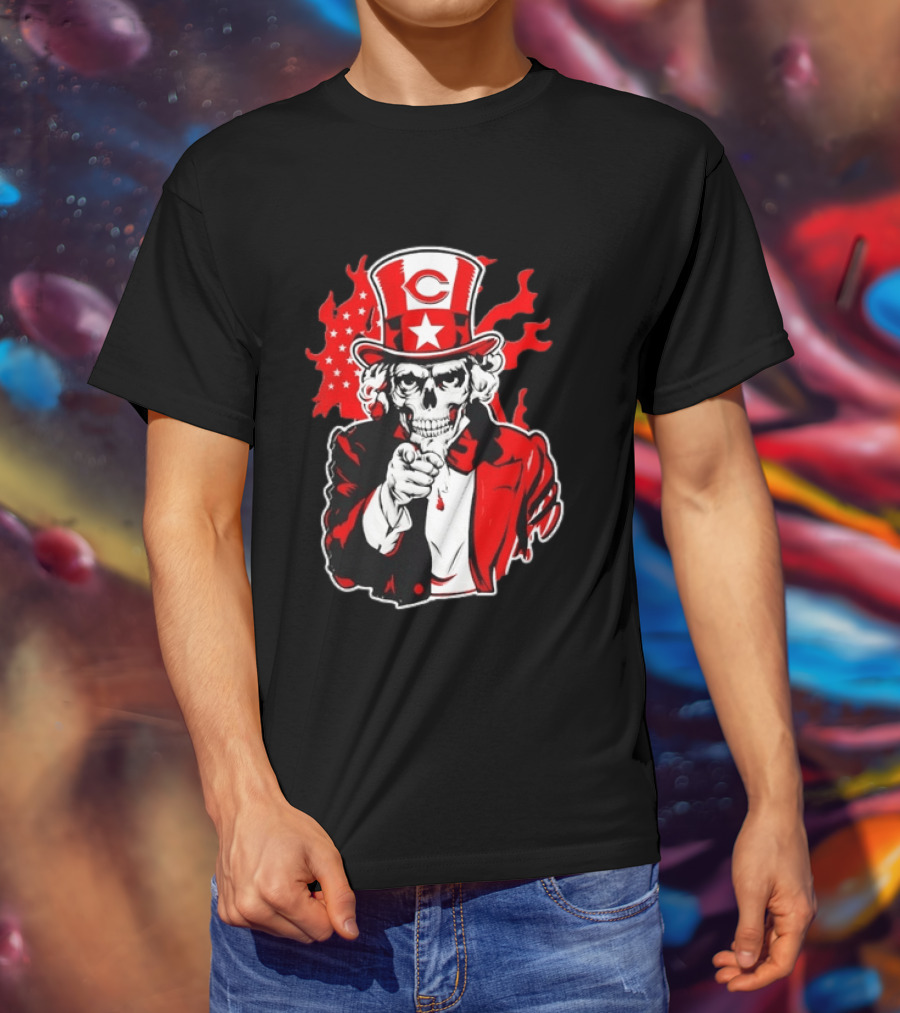 Cincinnati Reds Skeleton Uncle Sam Pointing US Flag Flames T-Shirt