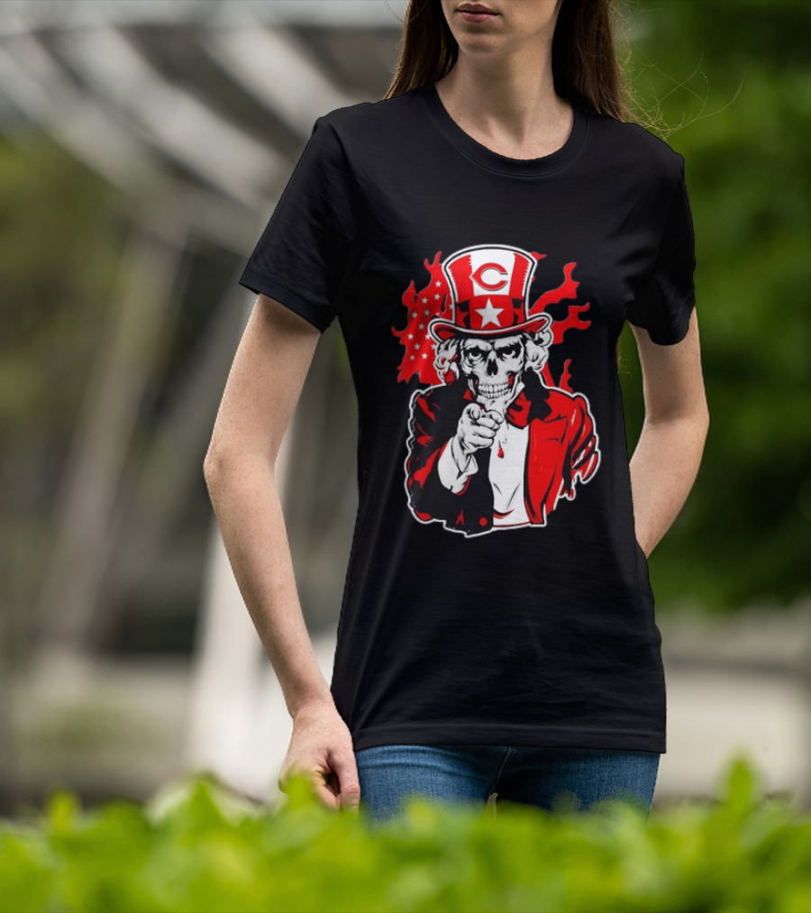 Cincinnati Reds Skeleton Uncle Sam Pointing US Flag Flames T-Shirt
