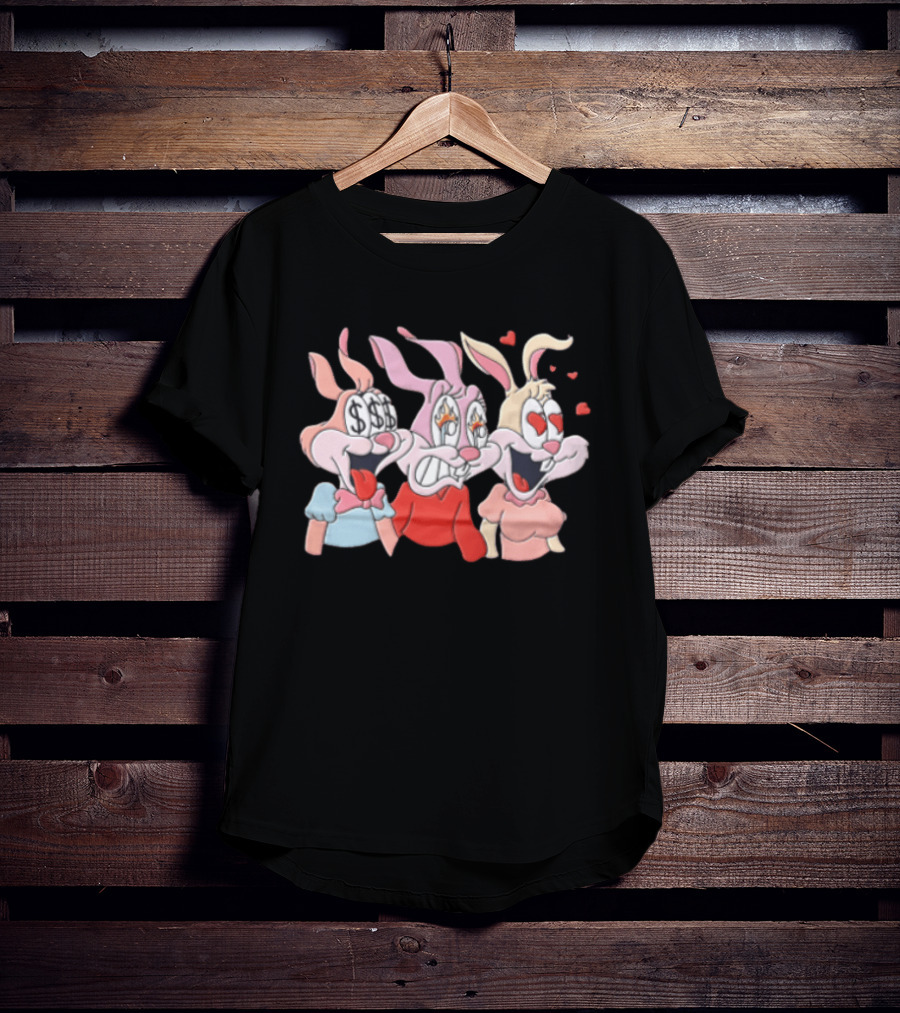 Three Cartoon Female Rabbits Dollar Signs Fire Heart Eyes Expressions T-Shirt