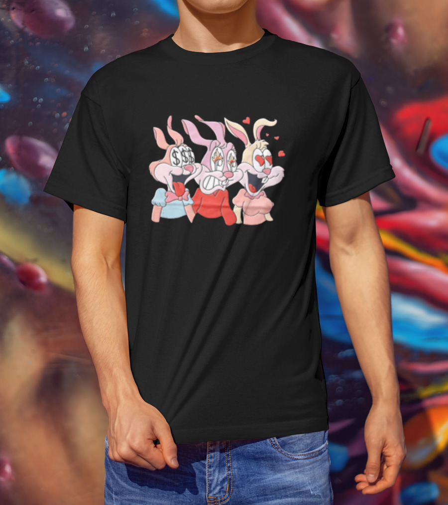 Three Cartoon Female Rabbits Dollar Signs Fire Heart Eyes Expressions T-Shirt