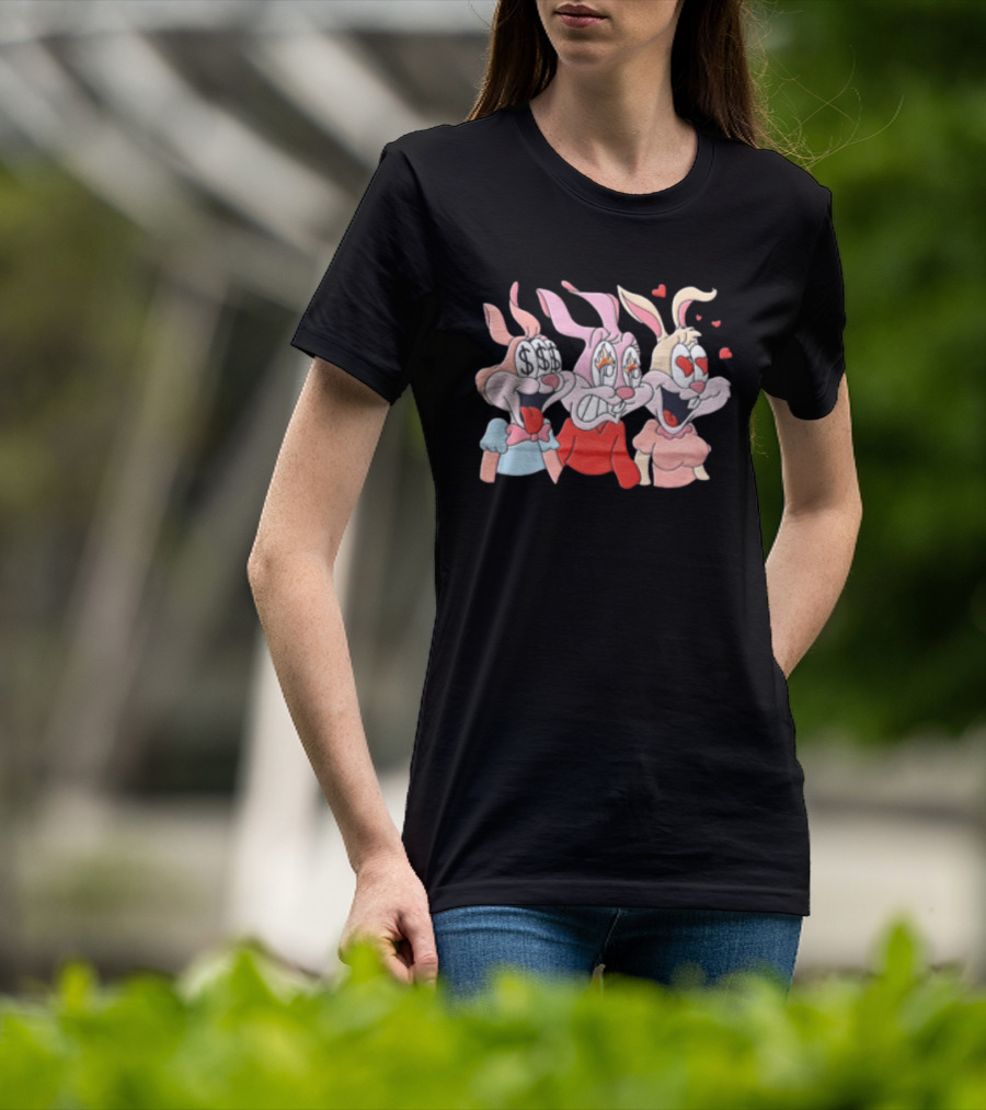 Three Cartoon Female Rabbits Dollar Signs Fire Heart Eyes Expressions T-Shirt
