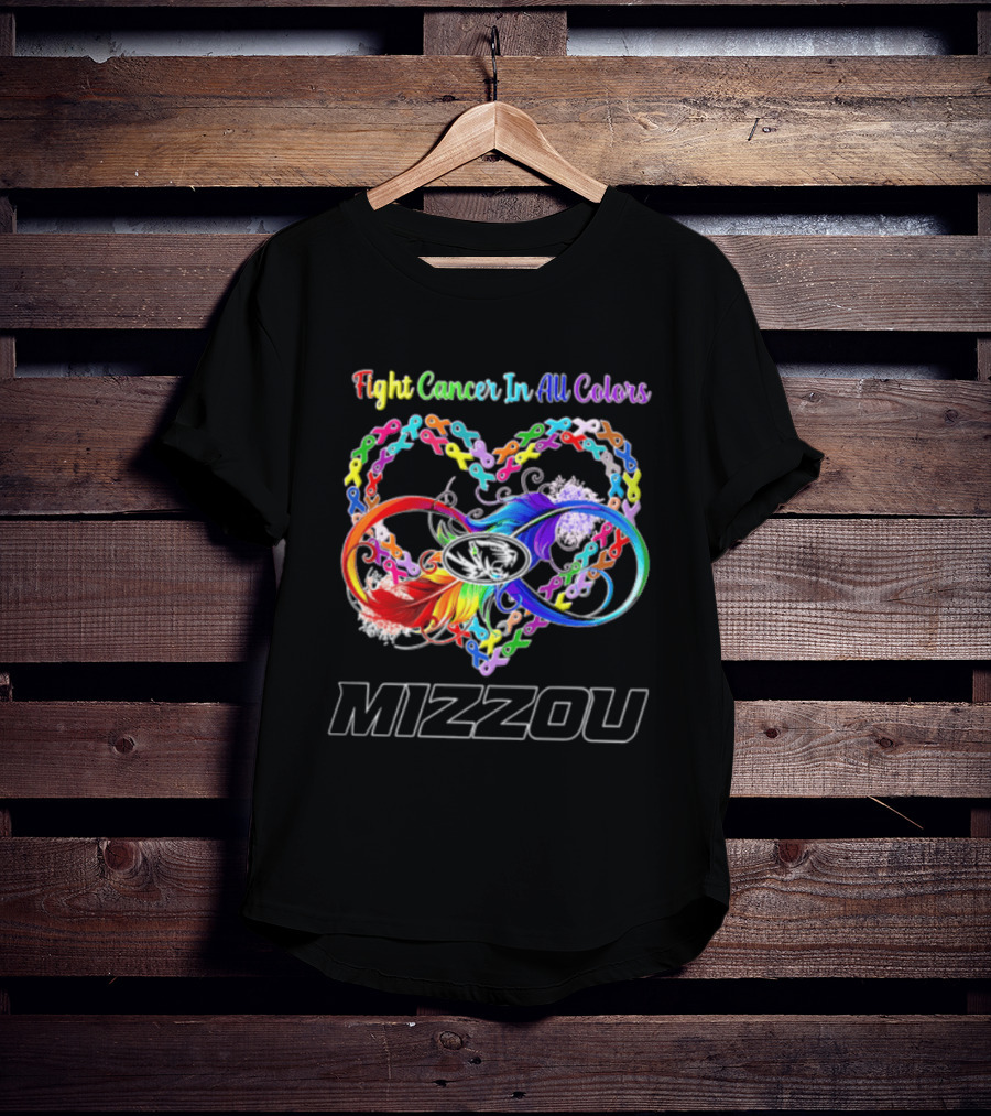 Mizzou Fight Cancer In All Colors Heart Infinity Ribbon Rainbow Feather T-Shirt