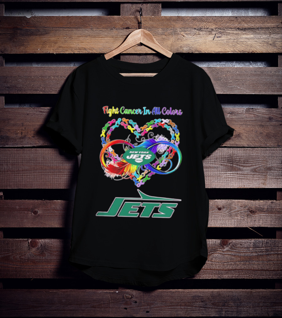New York Jets Fight Cancer Rainbow Ribbons Infinity Heart Feather T-Shirt