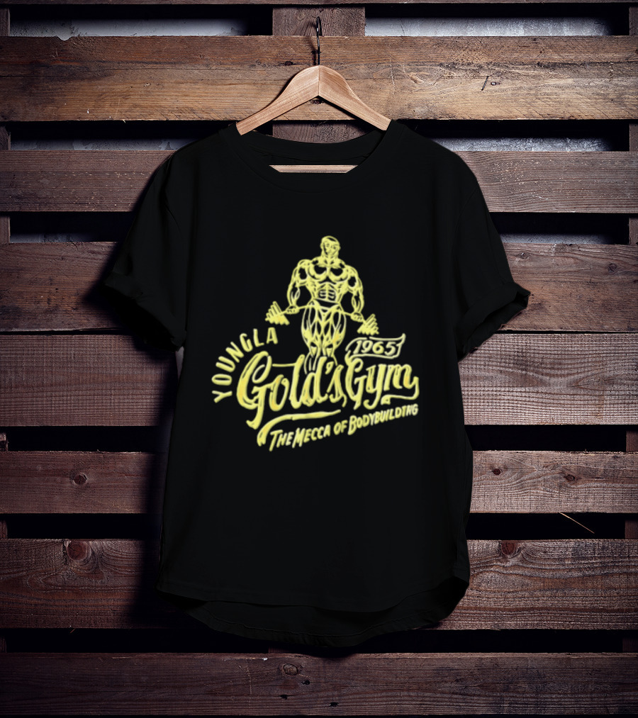 Youngla Golds Gym 1965 The Mecca Of Bodybuilding Muscular Man Holding Barbell T-Shirt