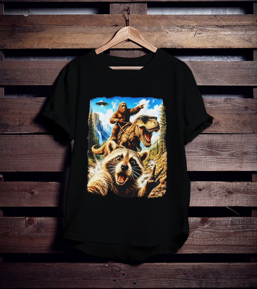 Raccoon Selfie Bigfoot Rex Adventure With UFO And Mountains T-Shirt