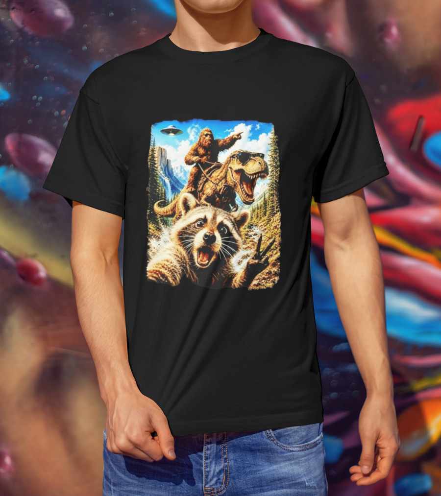 Raccoon Selfie Bigfoot Rex Adventure With UFO And Mountains T-Shirt