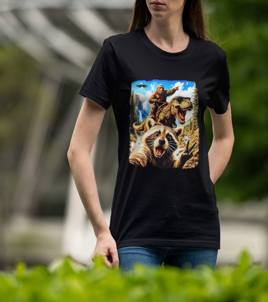 Raccoon Selfie Bigfoot Rex Adventure With UFO And Mountains T-Shirt