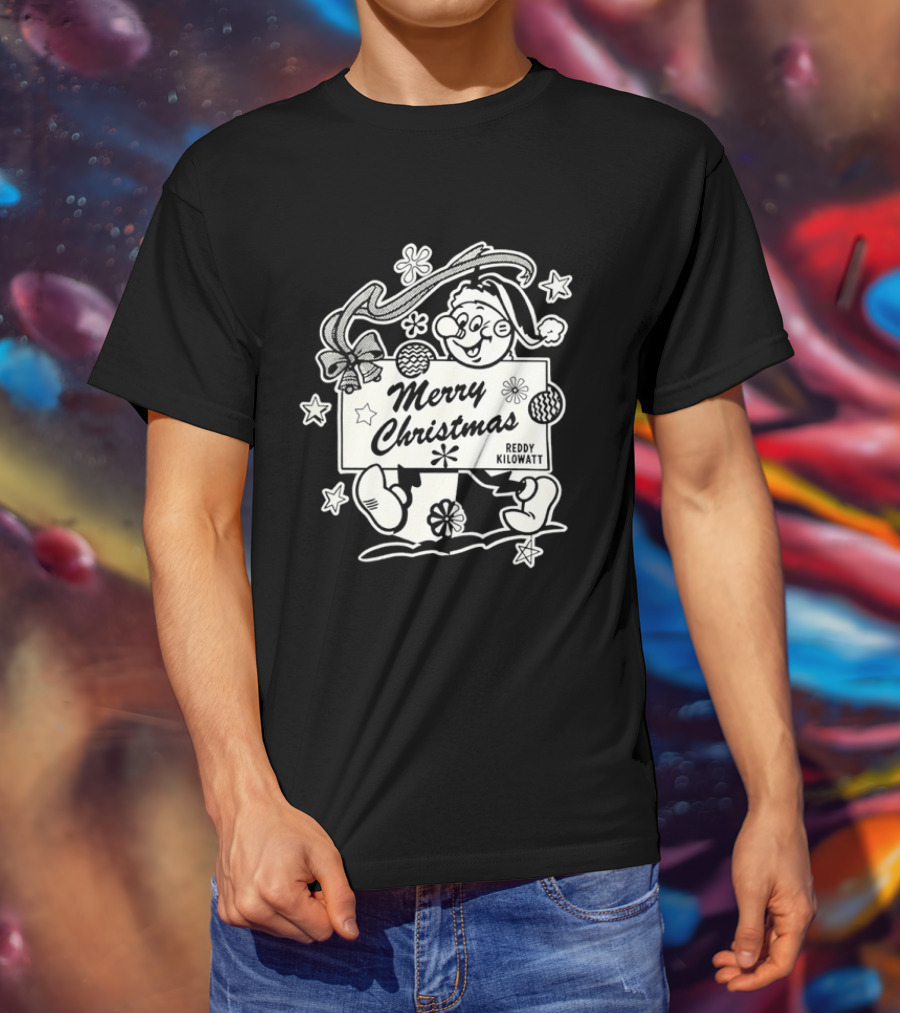 Reddy Kilowatt Merry Christmas Holiday Print Concept With Snowflakes T-Shirt
