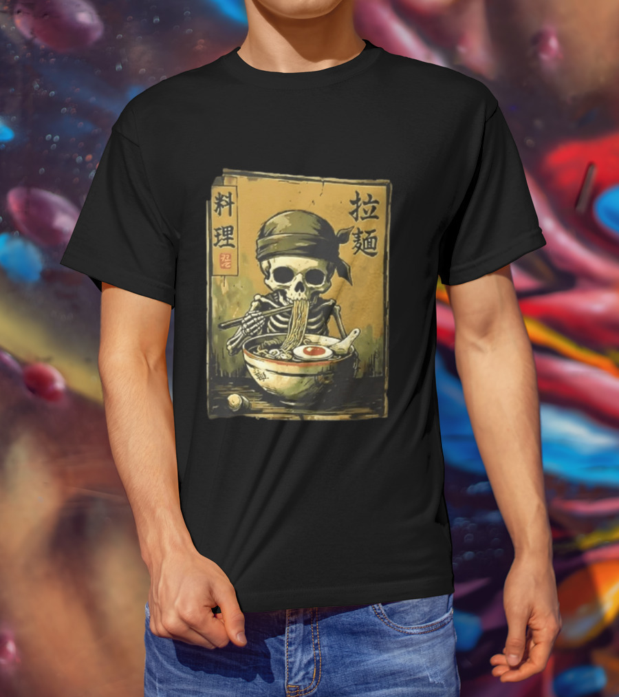 Skeleton Ramen Eating Kanji Cooking Noodles T-Shirt