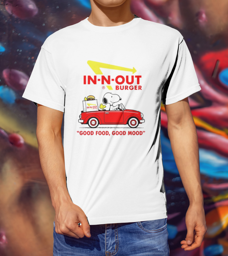In N Out Burger Snoopy Woodstock Driving Red Convertible Good Food Good Mood T-Shirt