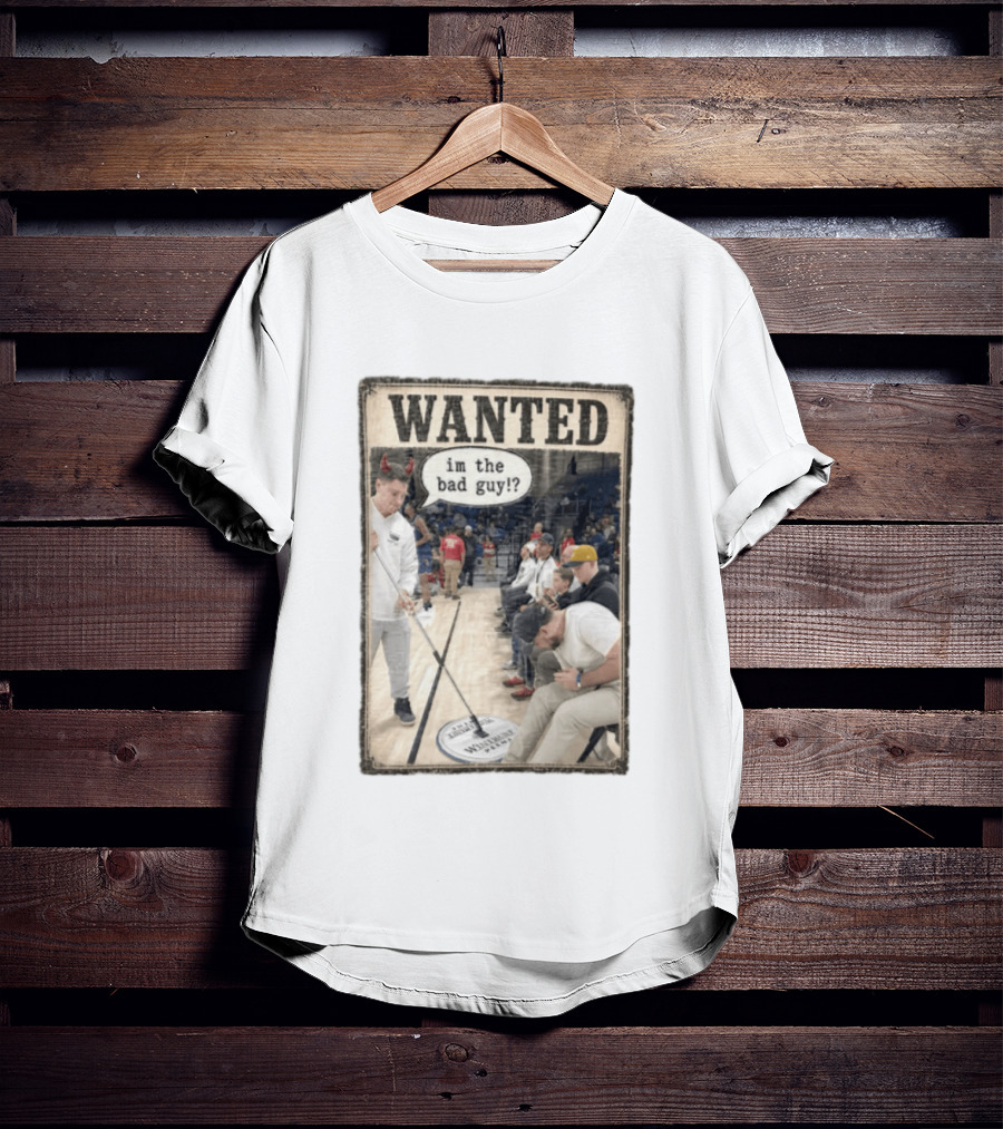 Wanted Im The Bad Guy Wintrust Arena Man Sweeping Floor Devil Horns T-Shirt