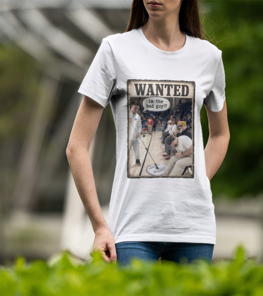 Wanted Im The Bad Guy Wintrust Arena Man Sweeping Floor Devil Horns T-Shirt
