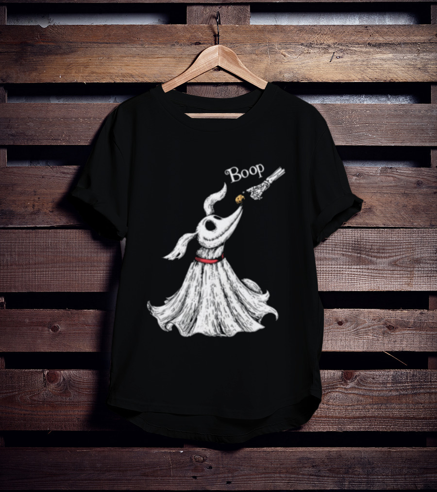 Boop Skeletal Hand Touching Pumpkin Nose With Ghostly Dog Line Sketch T-Shirt