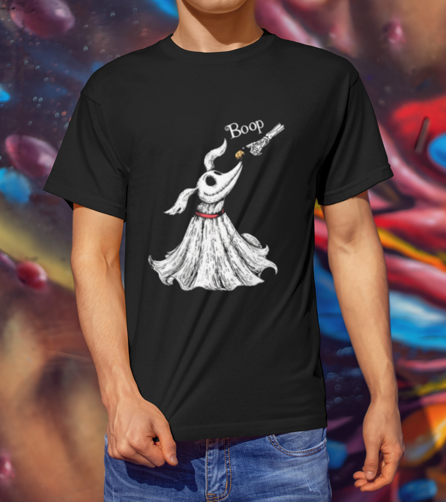 Boop Skeletal Hand Touching Pumpkin Nose With Ghostly Dog Line Sketch T-Shirt