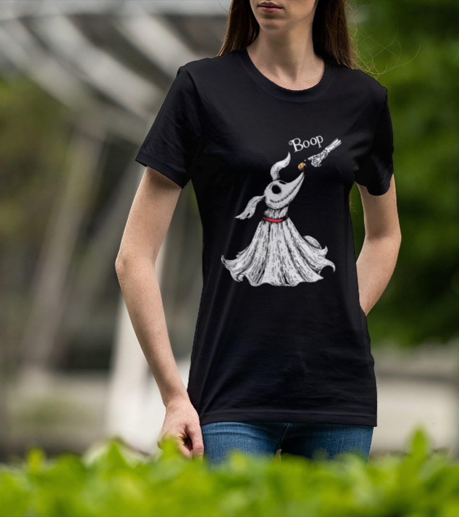Boop Skeletal Hand Touching Pumpkin Nose With Ghostly Dog Line Sketch T-Shirt