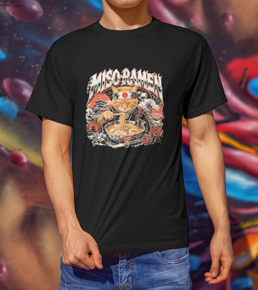 Miso Ramen Samurai Cat Japanese Foodie Bowls Japan Culture T-Shirt