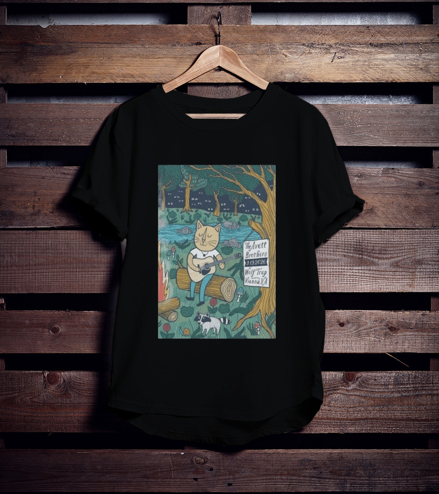 The Avett Brothers Wolf Trap Vienna Virginia 2026 Concert Cat Playing Guitar In Forest Scene T-Shirt