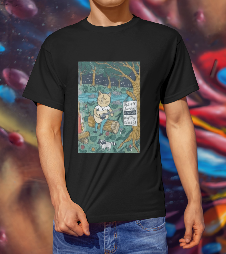 The Avett Brothers Wolf Trap Vienna Virginia 2026 Concert Cat Playing Guitar In Forest Scene T-Shirt