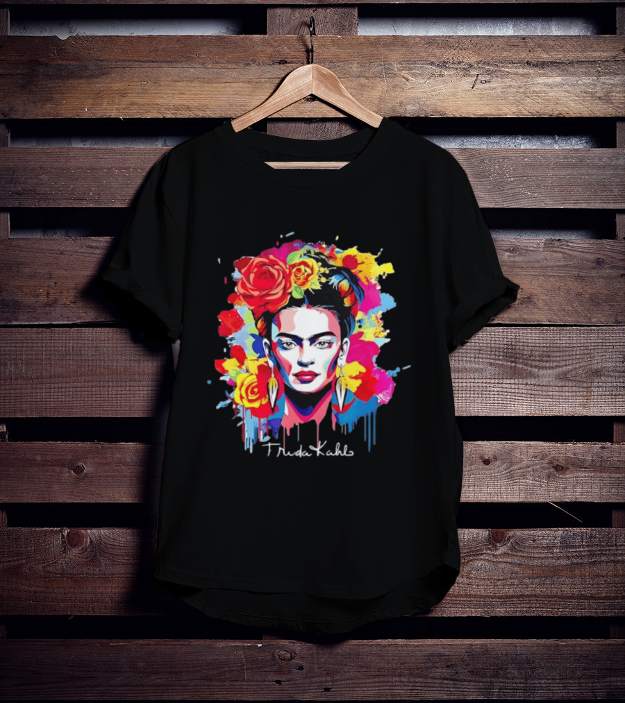 Frida Kahlo Colorful Floral Mexican Artist Vibrant Roses And Dripping Paint T-Shirt