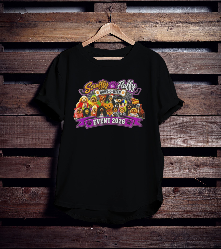 Scruffy To Fluffy Howl O Ween Event 2026 Many Dogs Wearing Halloween Costumes T-Shirt