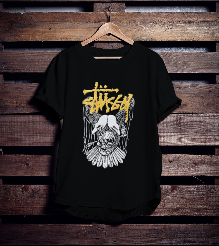 Stussy Two Headed Eagle Skull Yellow Text White Sketch T-Shirt